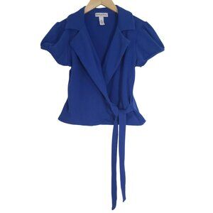 Betty Blue Womens Short-Sleeve Royal Blue Wrap Top Size XL Puff Sleeve Office
